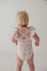 Baby Girl Ruffle Sleeve Cross Back Swimsuit