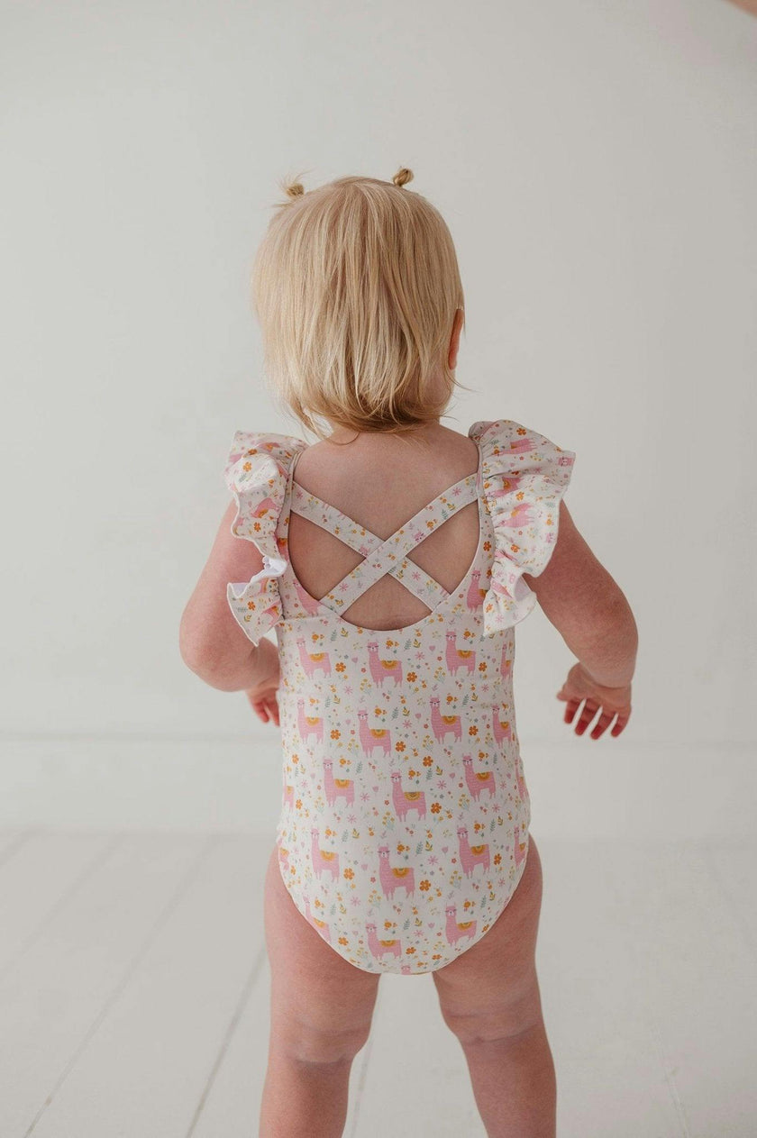 Baby Girl Ruffle Sleeve Cross Back Swimsuit