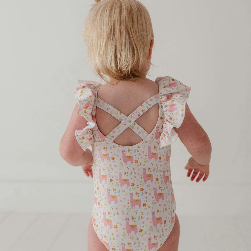 Baby Girl Ruffle Sleeve Cross Back Swimsuit in Sketched Daisy