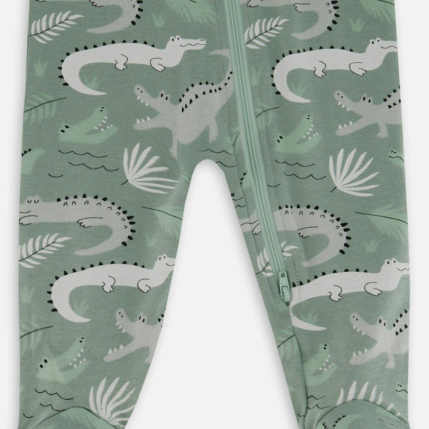 Printed Organic Cotton One-Piece Pajama Light Sage And Gray Crocodile