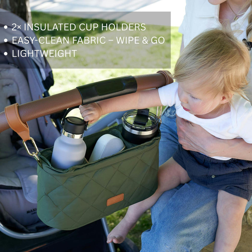 ZICOTO Beautiful Stroller Organizer Bag - Easy to Install Stroller Caddy incl. Cup Holder Attachment - Perfectly Sized Accessories For Any Stroller