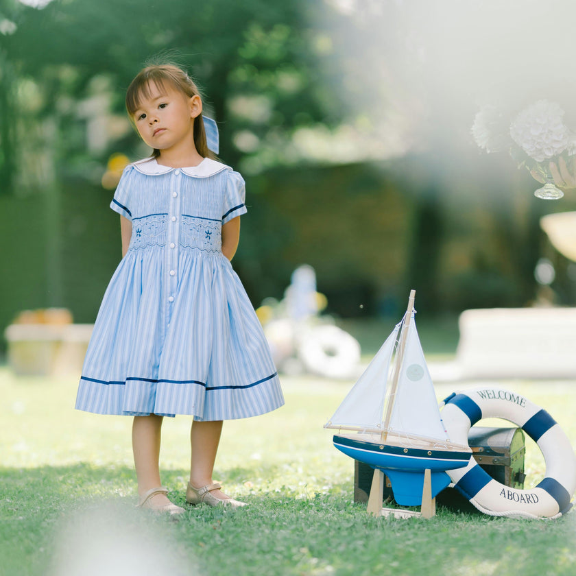 Riviera Blue Stripe Short Sleeve Smocked Dress