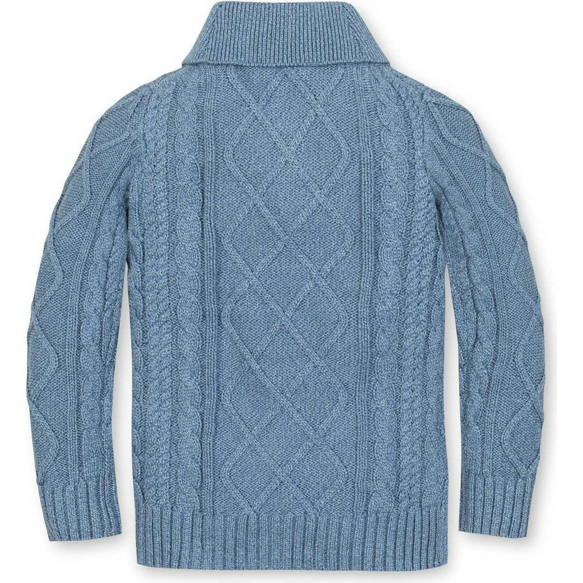 Organic Long Sleeve Shawl Collar Cable Sweater, Blue