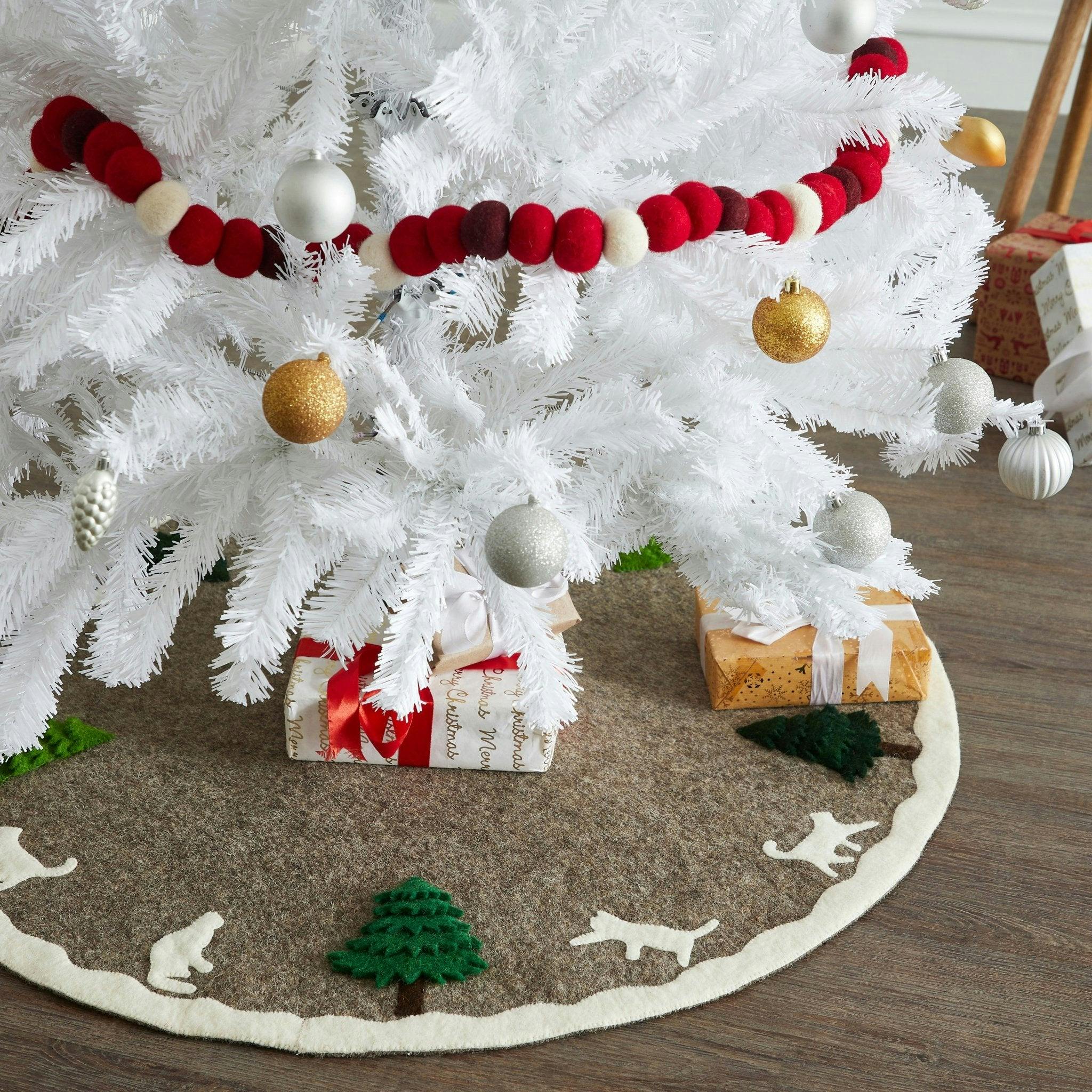 Handmade Felted Cats and Green Trees Grey Christmas Tree Skirt 36