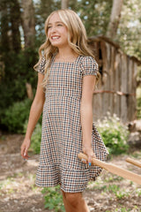 Teen Connie Short Sleeve Dress in Chestnut Gingham