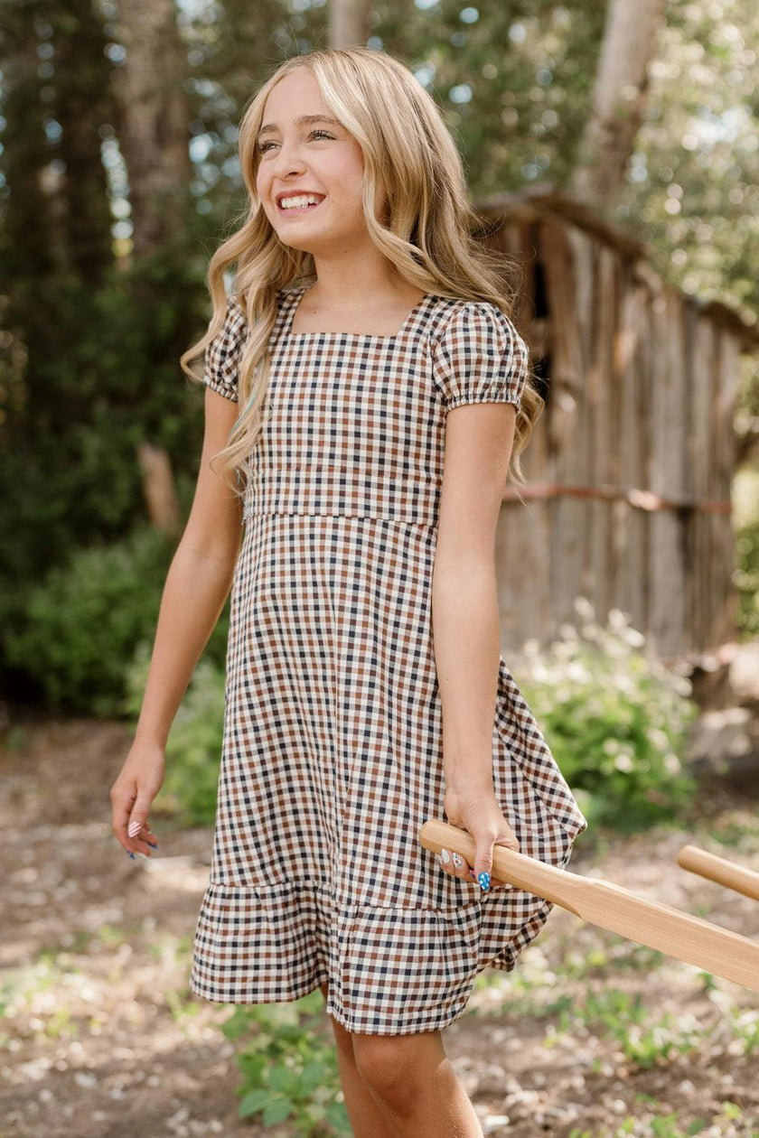 Teen Connie Short Sleeve Dress in Chestnut Gingham