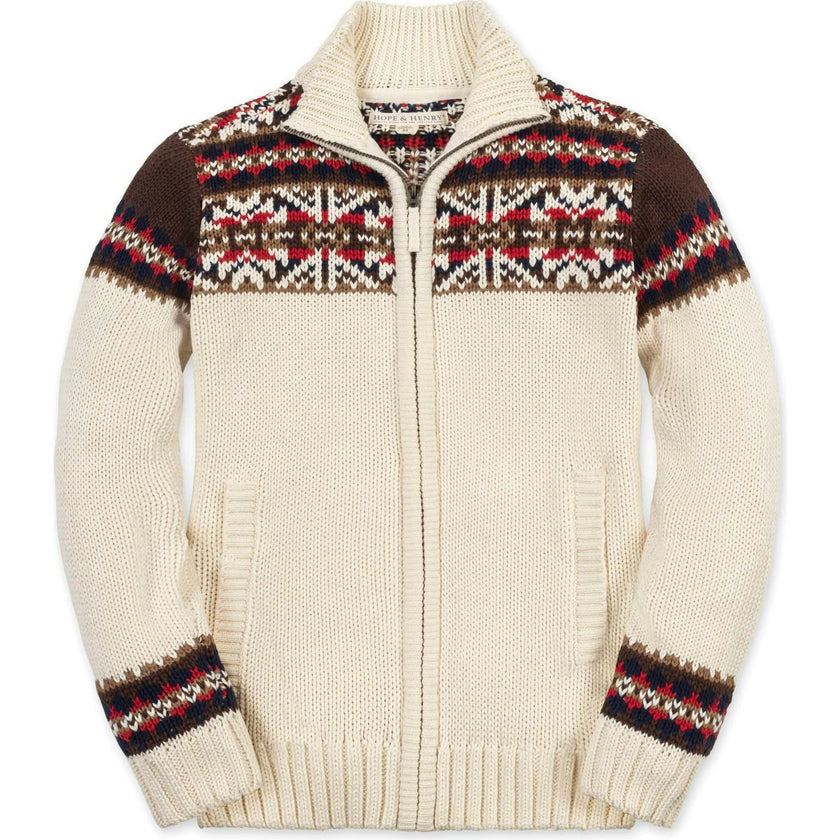 Organic Long Sleeve Full Zip Mock Neck Intarsia Sweater, Brown