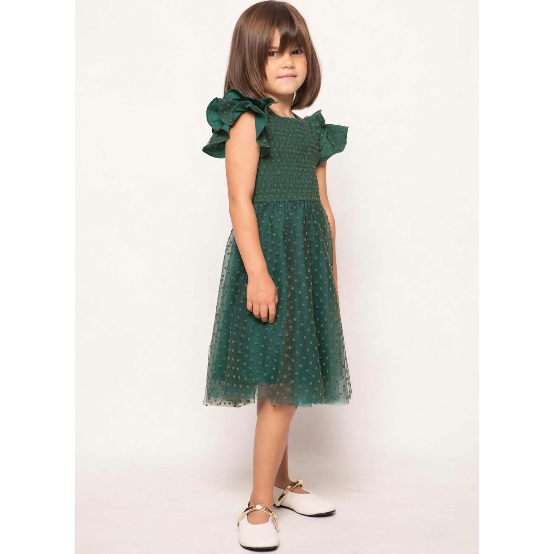 Mini Hattie Dress in Green Flocked Dot Tulle