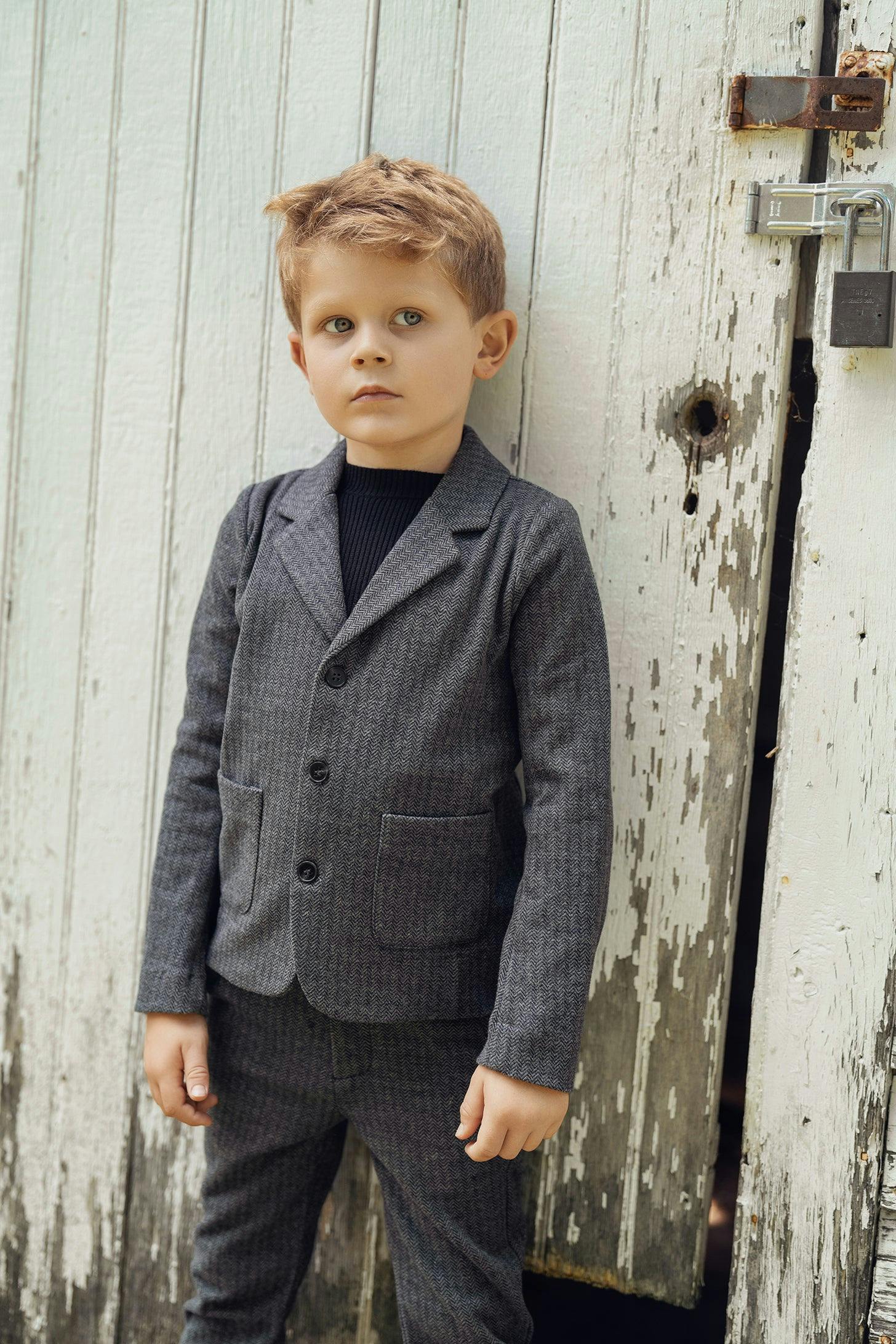 Herringbone Stretch Button Front Long Sleeve Blazer