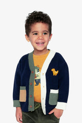 Knit Cardigan With Dino Dark Blue, Green And Yellow