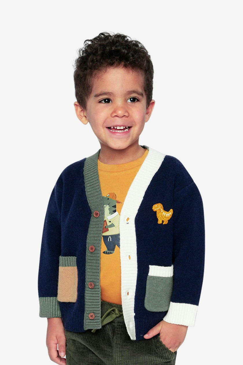 Knit Cardigan With Dino Dark Blue, Green And Yellow