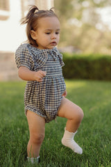 Baby Mae 3/4 Sleeves Romper in Prussian Blue Plaid