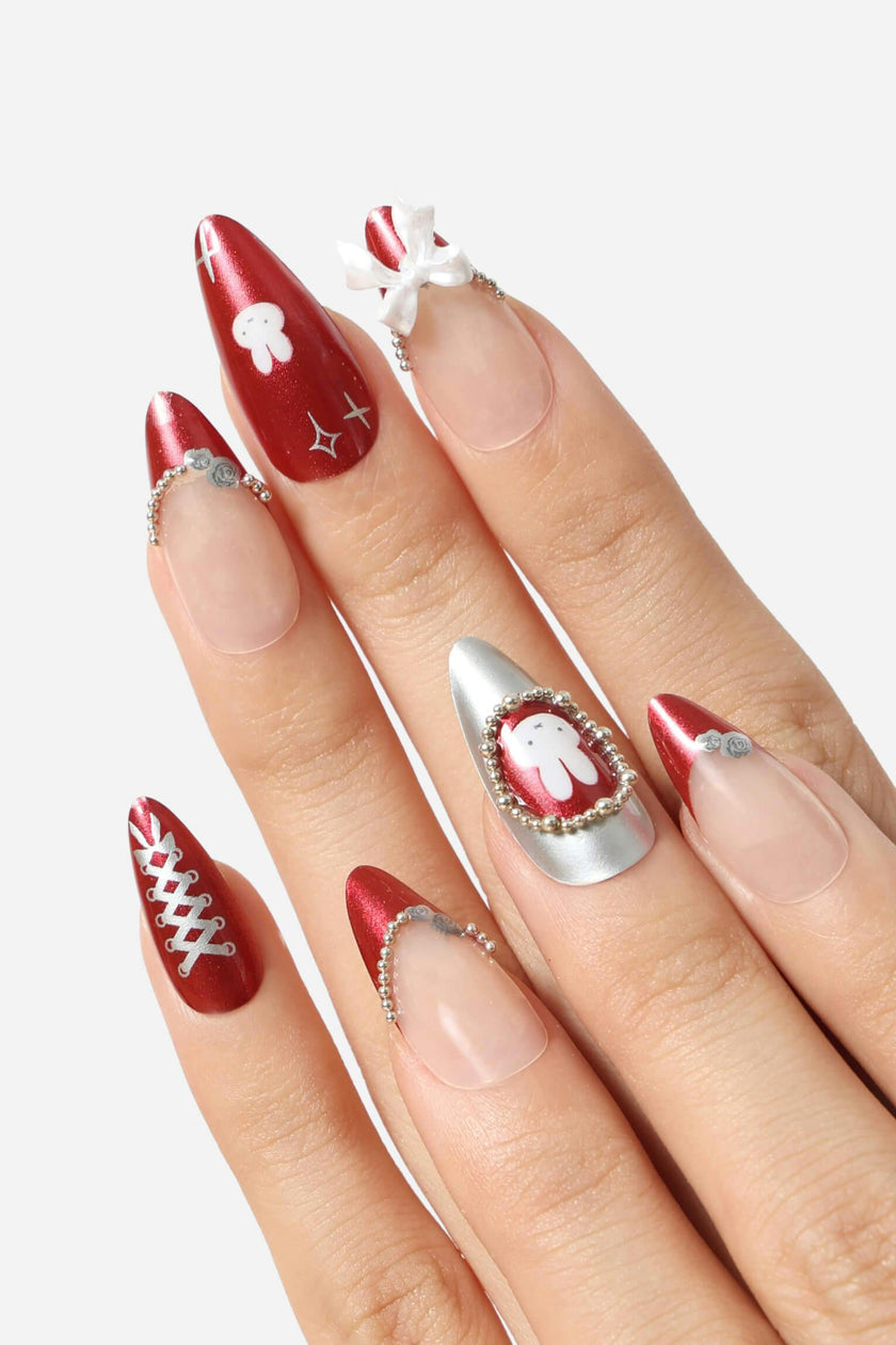 Miffy Burgundy Almond Press-On Nails | Cute Character Nail Art