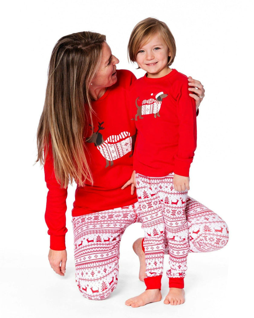 Adult Women Organic Cotton Two-Piece Pajamas Red and White Fairisle