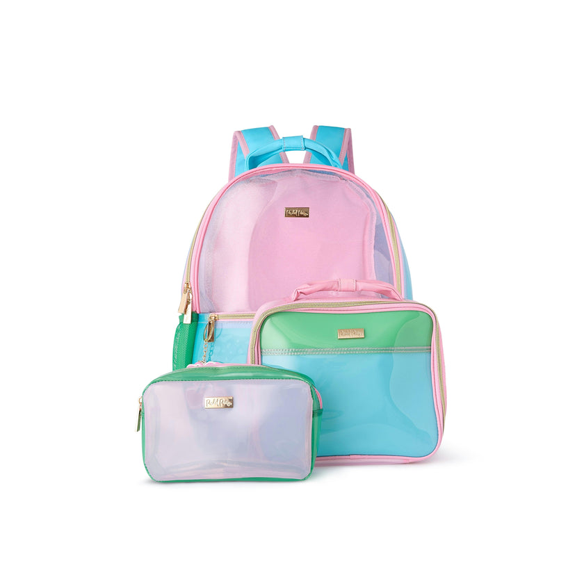 Colorblock Clear Backpack by Packed Party | Pink Glitter Panel, Blue Bow, Cherry Bag Charm | 17" Cute Backpack for Girls