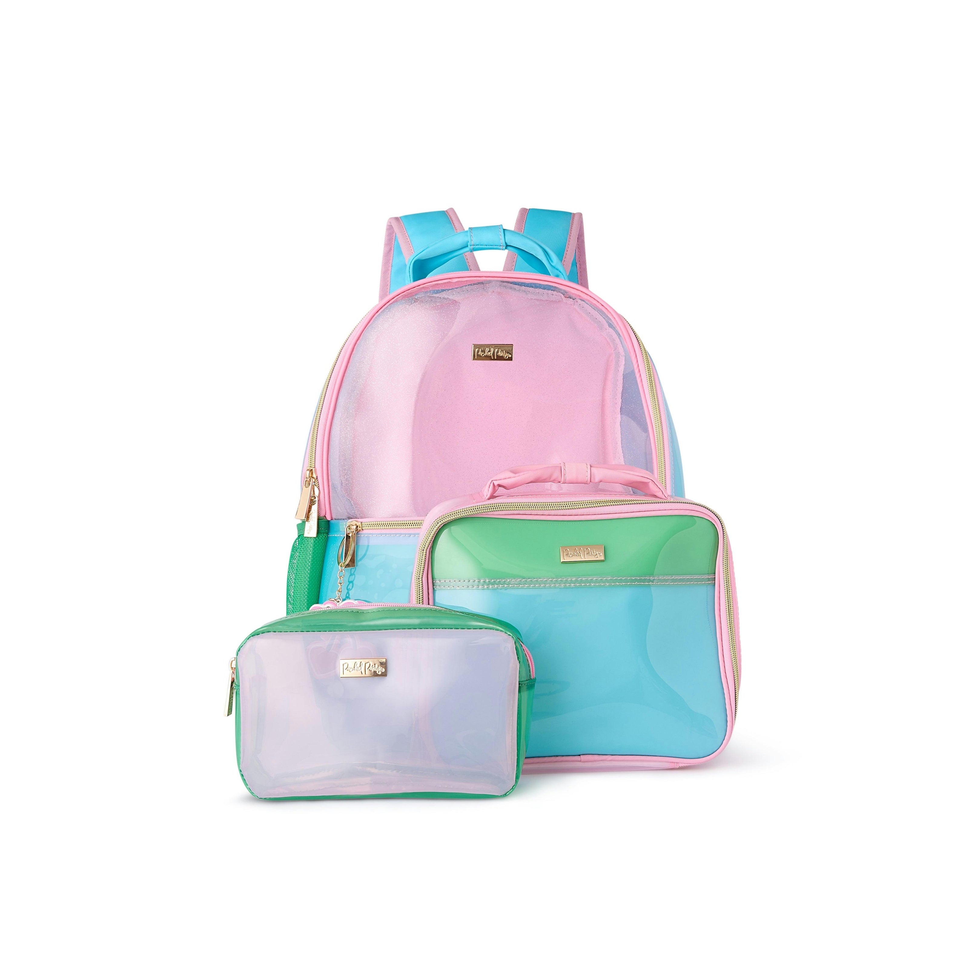 Colorblock Clear Backpack by Packed Party | Pink Glitter Panel, Blue Bow, Cherry Bag Charm | 17