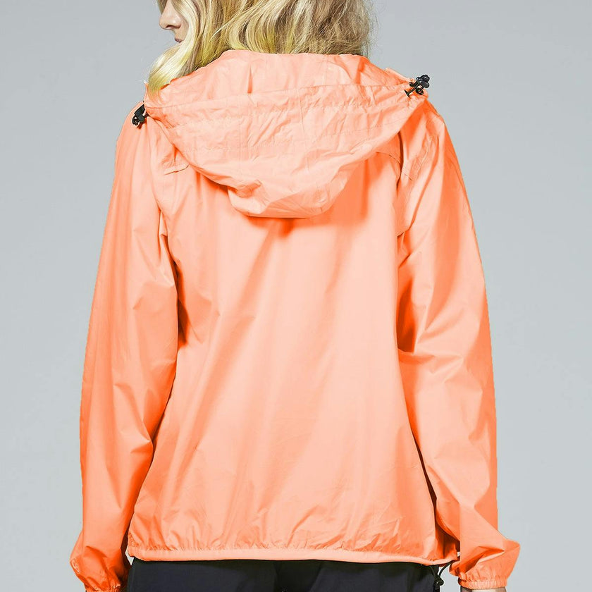 Orange fluo full zip packable rain jacket and windbreaker