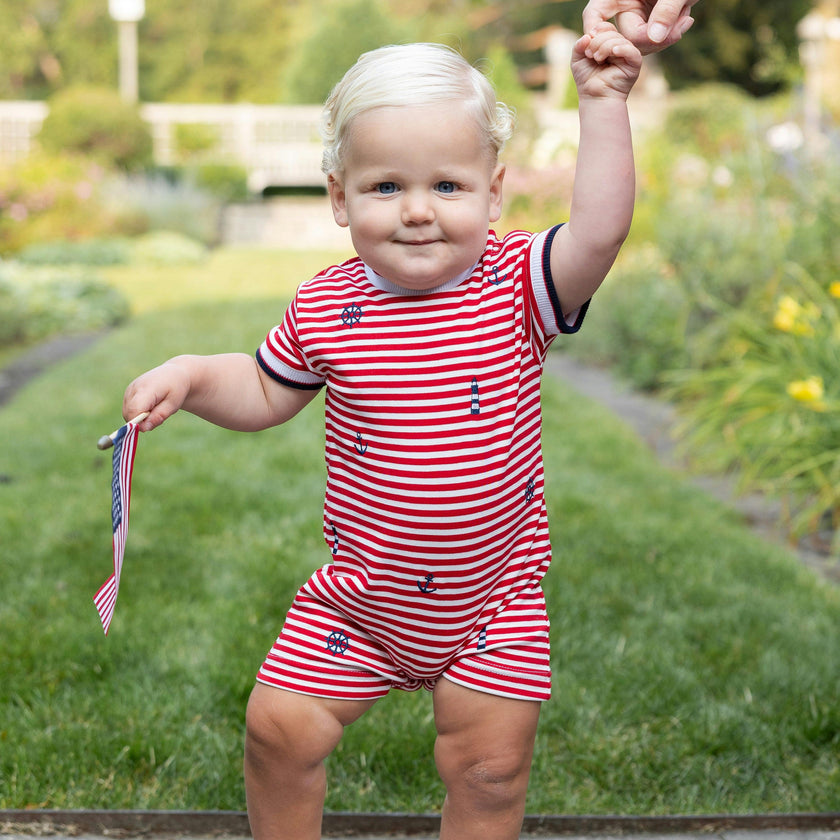 Stripe Knit Shortall With Nautical Embroidery