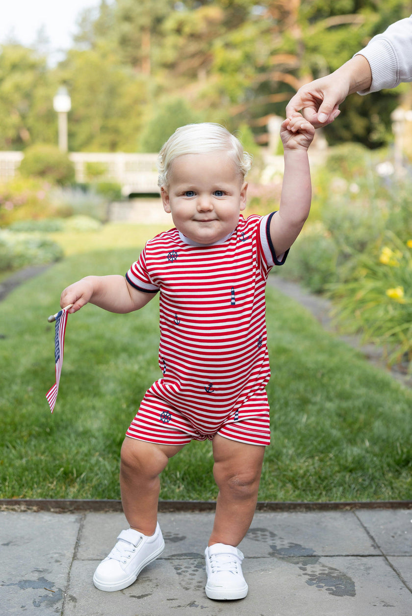 Stripe Knit Shortall With Nautical Embroidery
