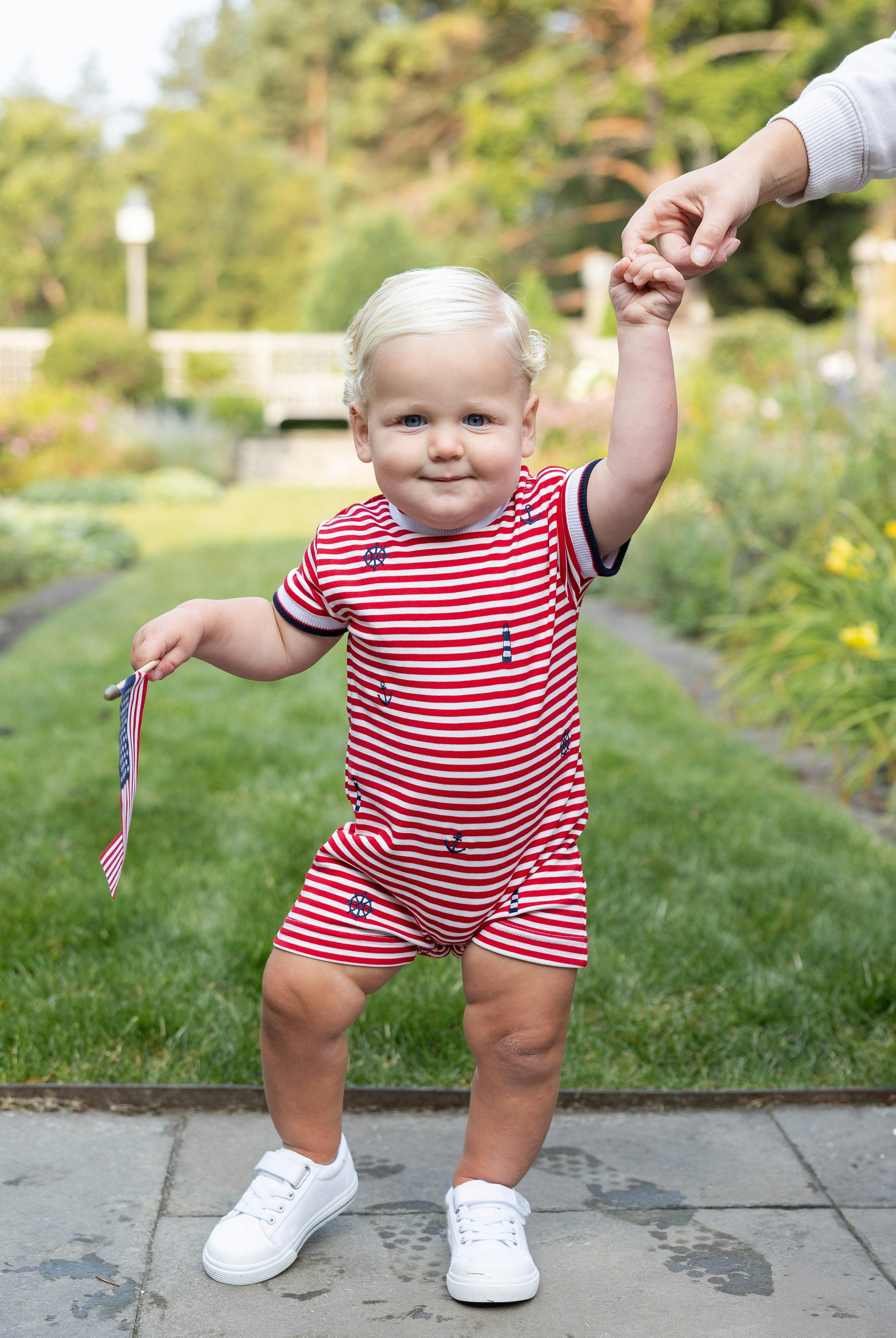 Stripe Knit Shortall With Nautical Embroidery