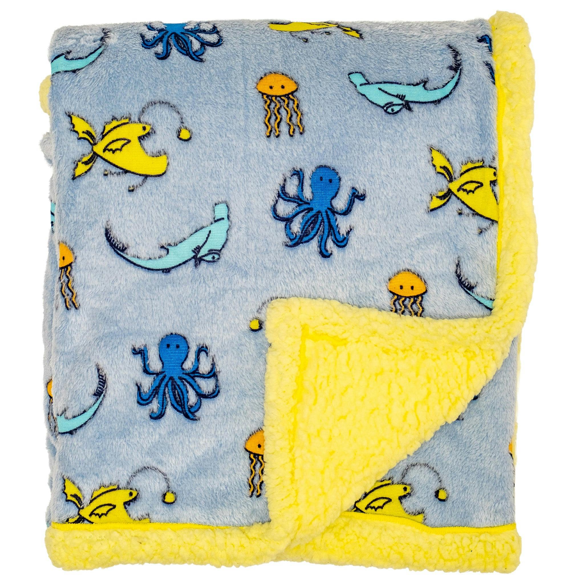 Cozy Switch Blanket – Reversible Sherpa & Glow-in-the-Dark Blanket with Plush Toy Pocket, Glow Sea Critters