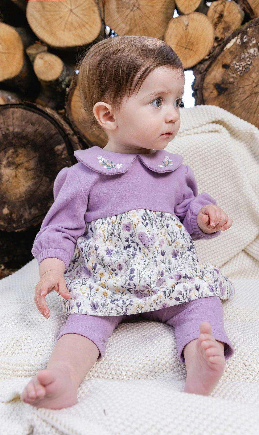 Organic Cotton Dress And Legging Set Beige With Heart Print