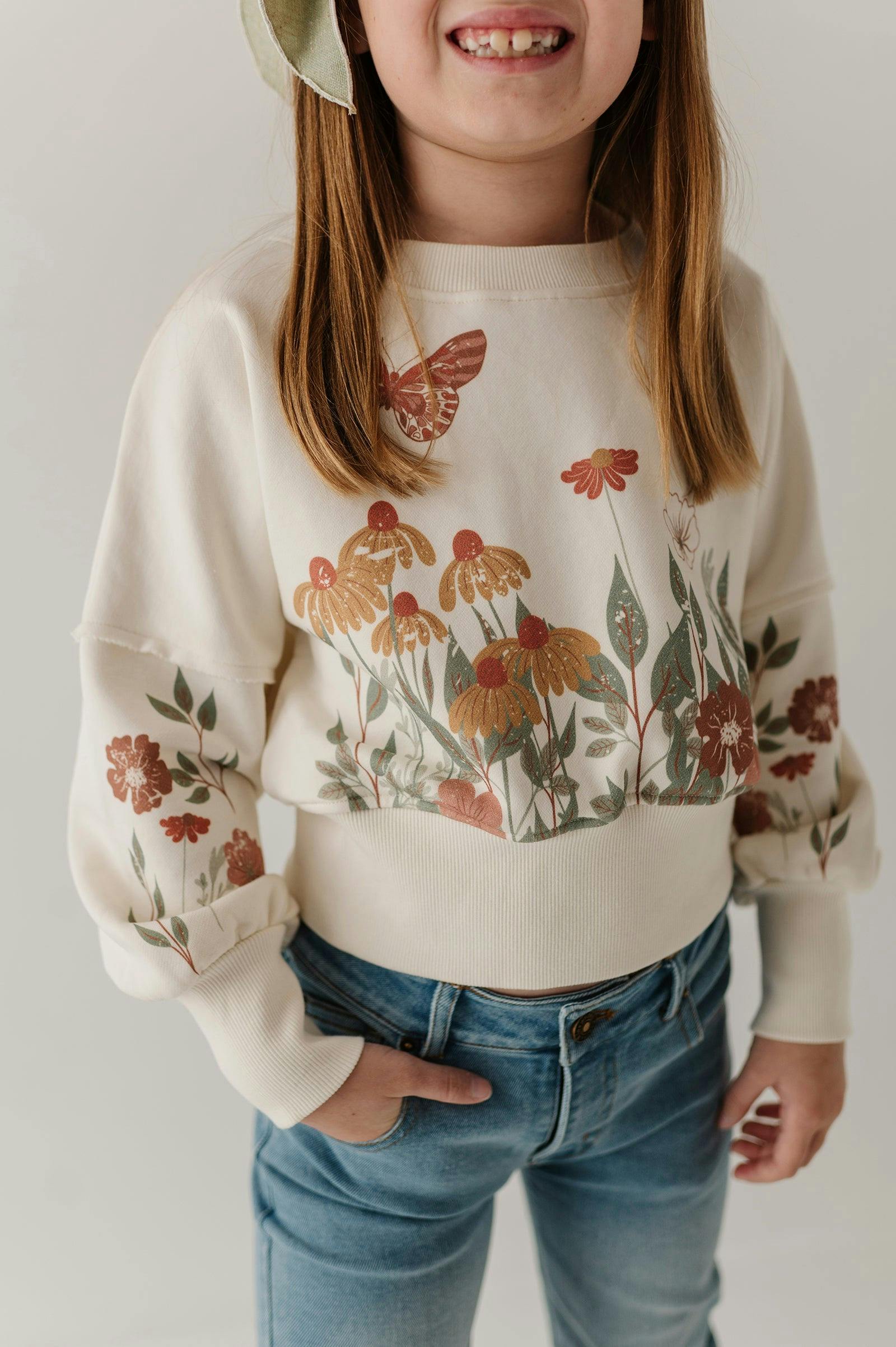 Girls Drop Shoulder Blouson Sweatshirt in Floral Garden