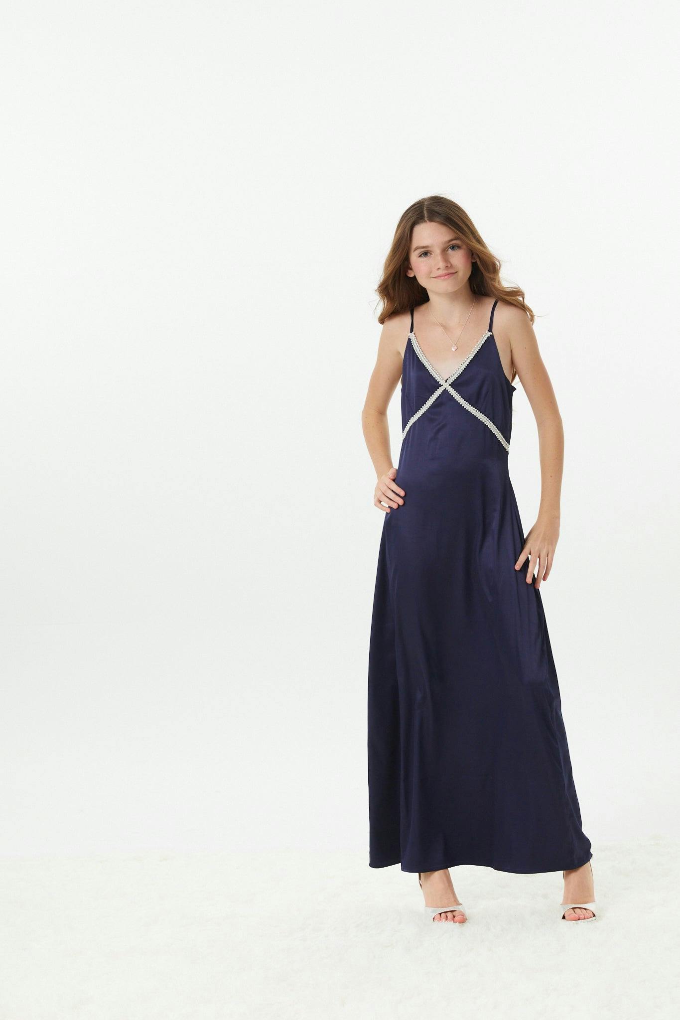 Miller Navy Satin Maxi Dress With Lace Trim