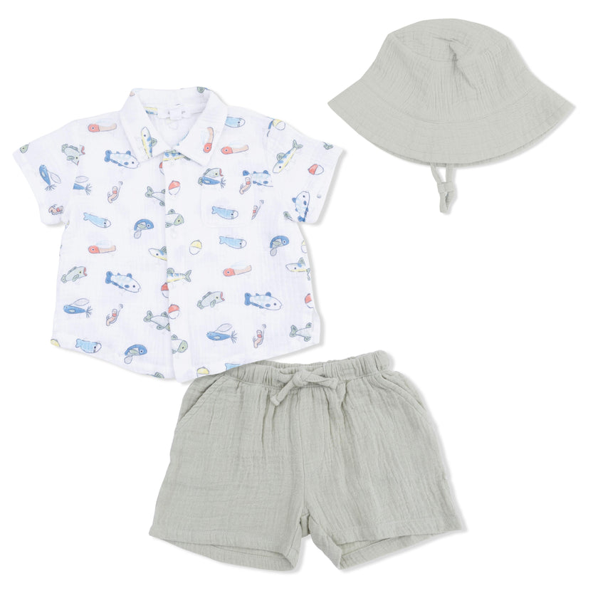 Fishing Lures - Polo Button Up with Casual Short & Bucket Hat