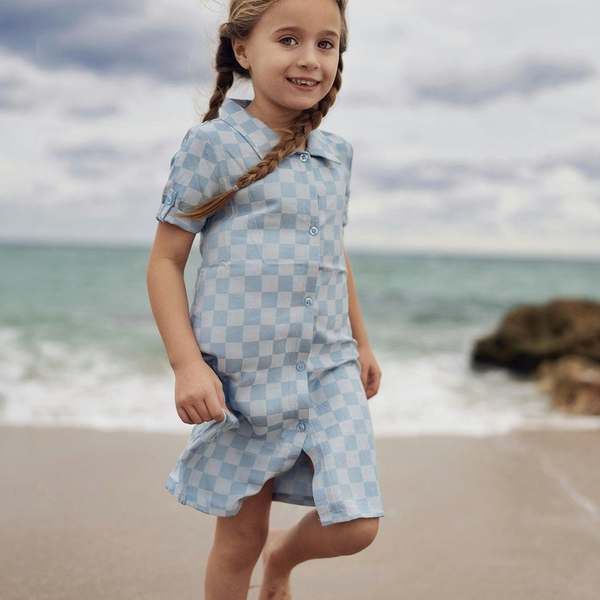 Denim Check Rolled Cuff Short Sleeve Shirt Dress