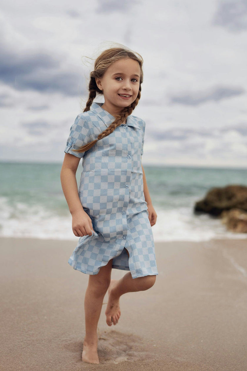 Denim Check Rolled Cuff Short Sleeve Shirt Dress