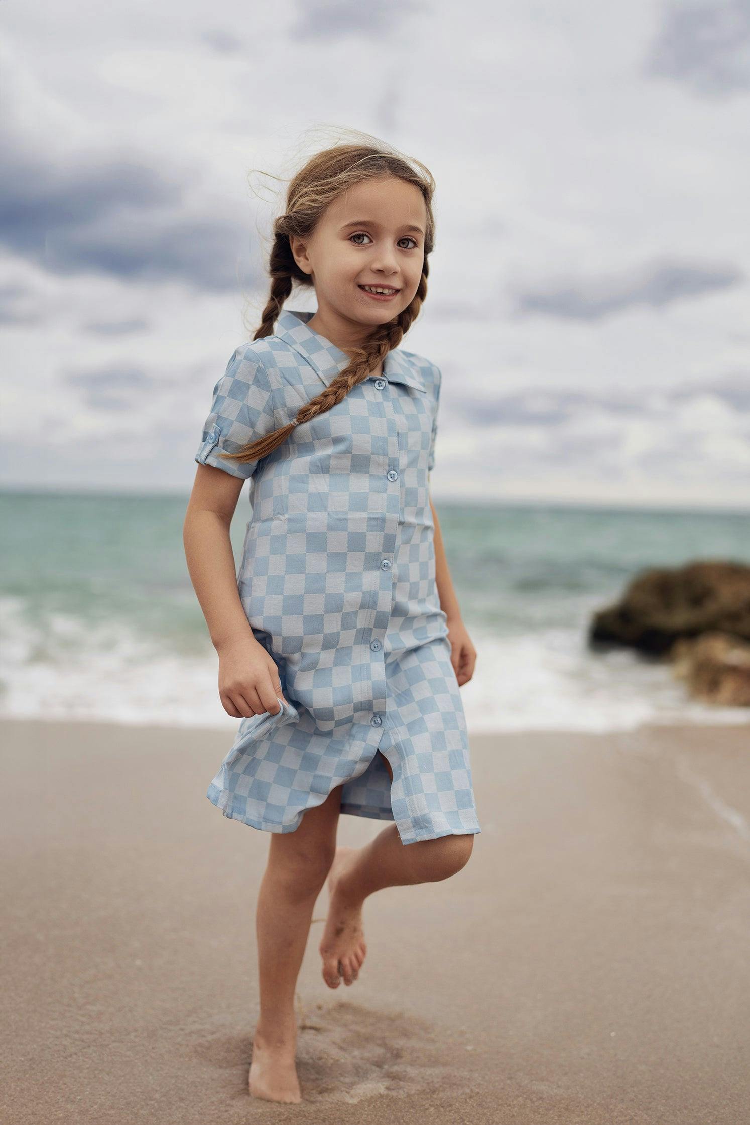 Denim Check Rolled Cuff Short Sleeve Shirt Dress