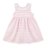 Pink Stripe Dress with Flower and Ruffle Neck