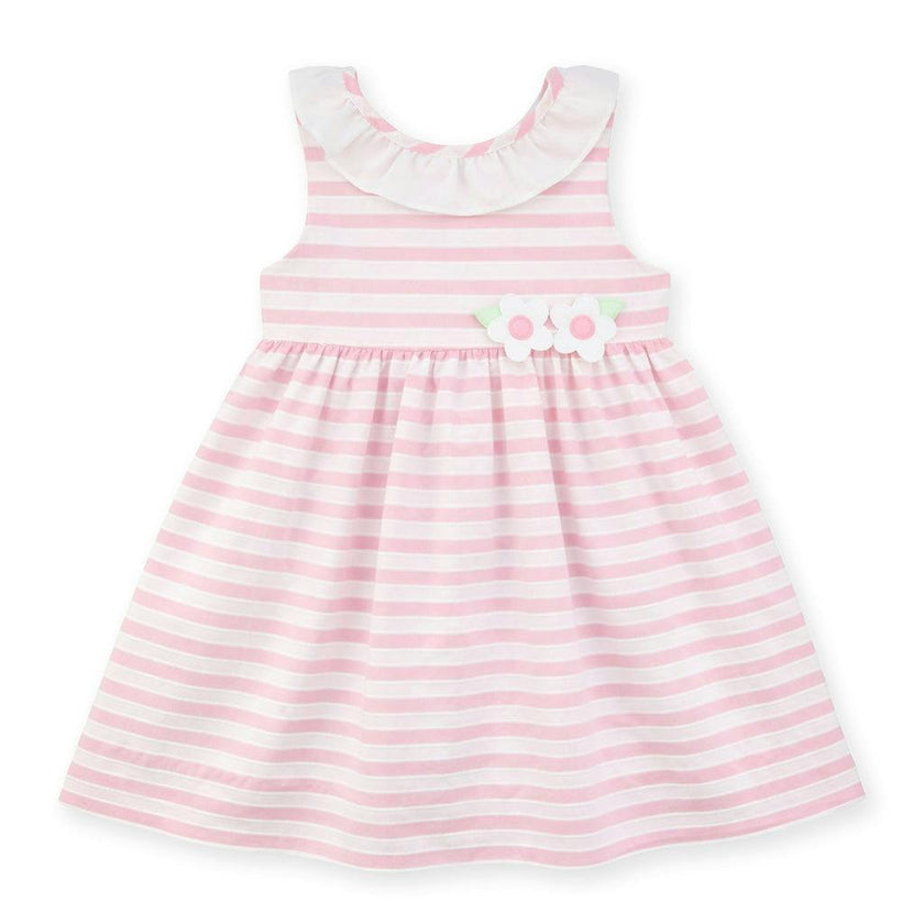 Pink Stripe Dress with Flower and Ruffle Neck