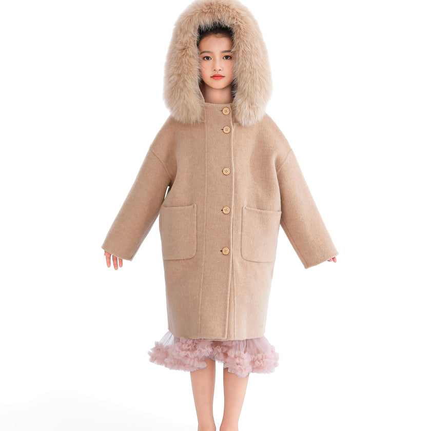 Champagne Wool Coat with Faux Fur Hood
