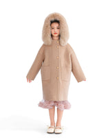 Champagne Wool Coat with Faux Fur Hood