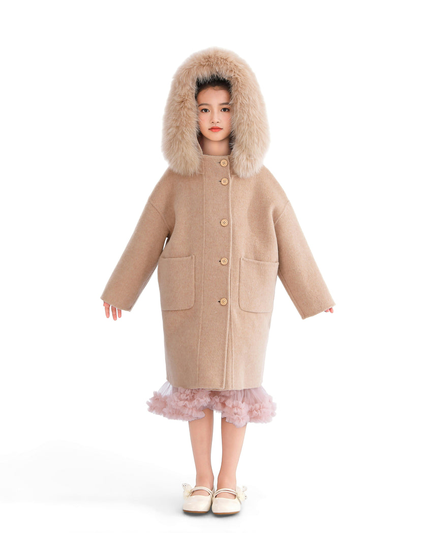 Champagne Wool Coat with Faux Fur Hood