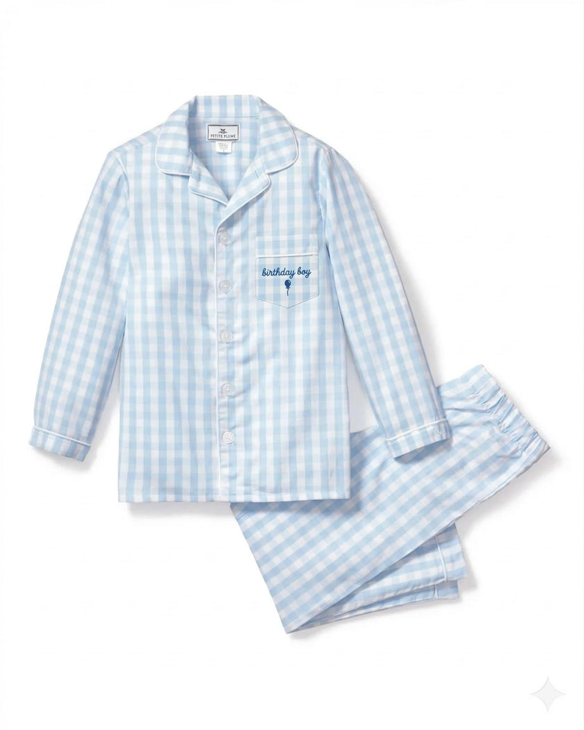 Kid's Twill Blue Gingham Pajama 'Birthday Boy'
