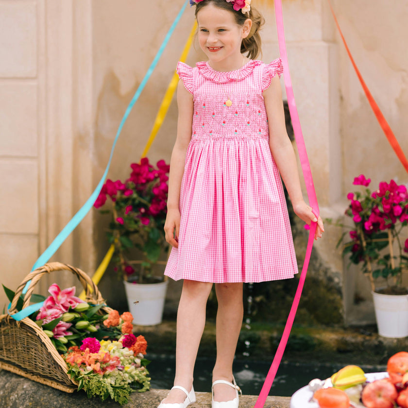Tulip Pink Gingham Frilled Cap Sleeve Smocked Dress