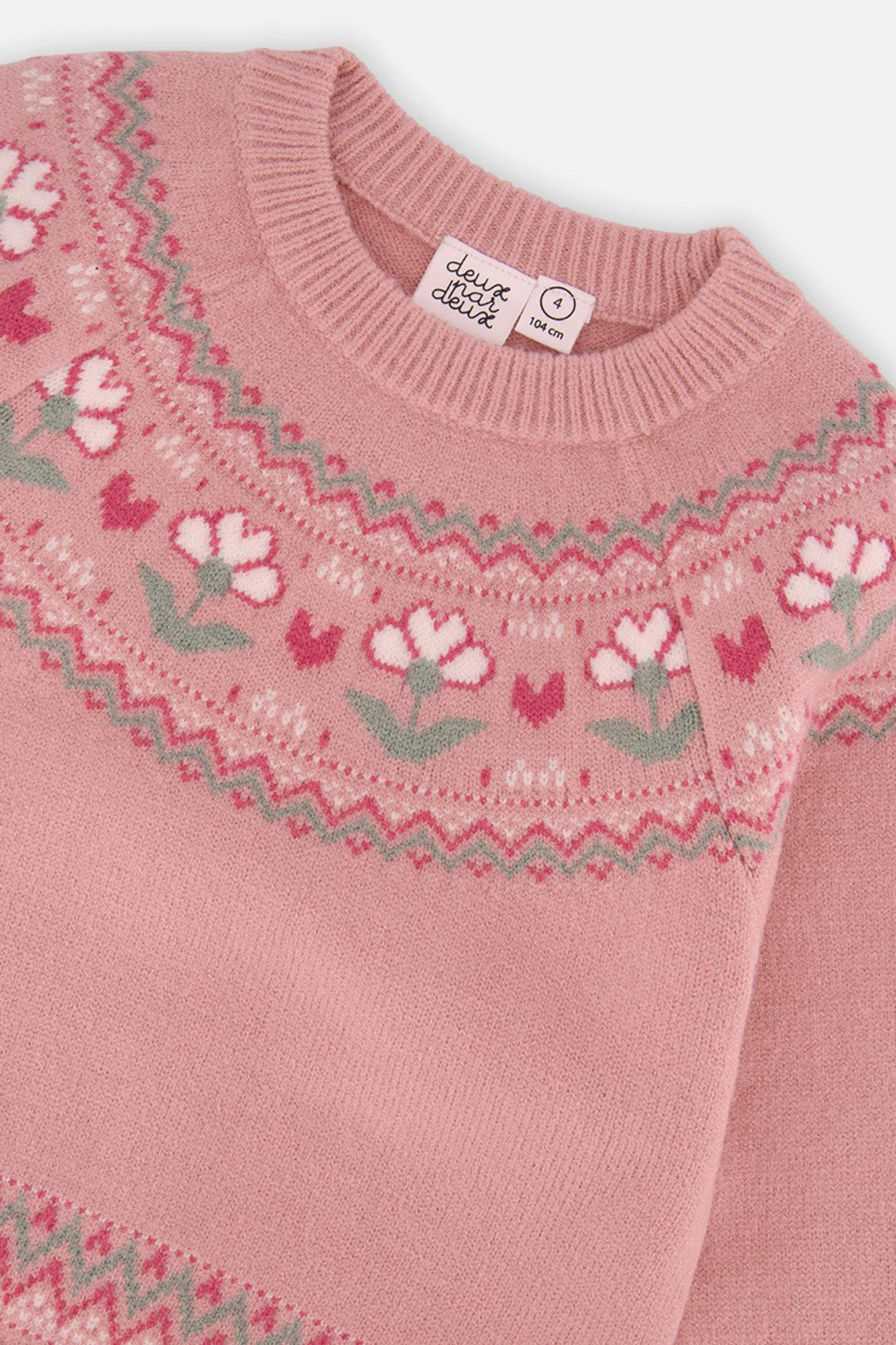 Sweater With Flower Jacquard Pale Dusty Pink