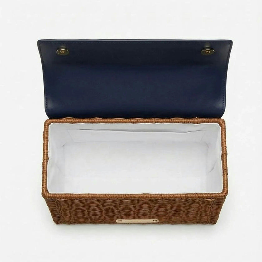 Medium Insulated Hand-Woven Wicker Lunchbox, Natural & Navy