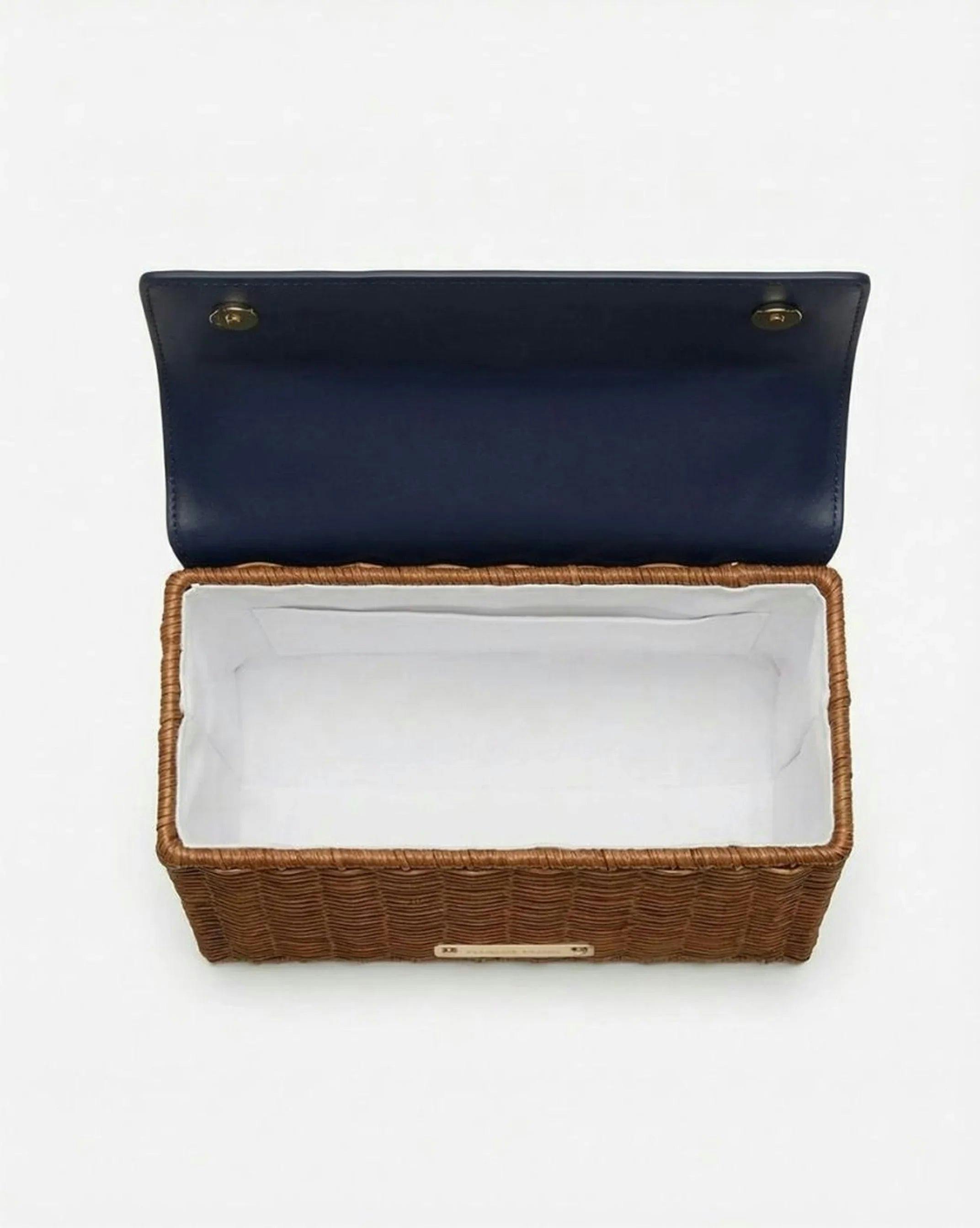 Medium Insulated Hand-Woven Wicker Lunchbox, Natural & Navy