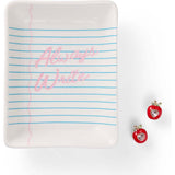 Packed Party Always Write Teacher Trinket Tray and Apple Earring Set – Ceramic Notebook Paper Tray with Red Enamel Apple Stud Earrings, 4.33x5.5 Inch
