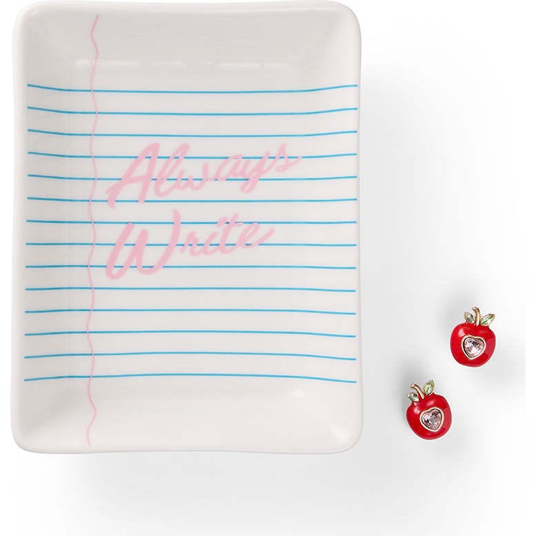 Packed Party Always Write Teacher Trinket Tray and Apple Earring Set – Ceramic Notebook Paper Tray with Red Enamel Apple Stud Earrings, 4.33x5.5 Inch