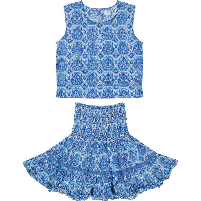 Maribel Cropped Women's Tank and Skirt Set Blue Paisley, Blue