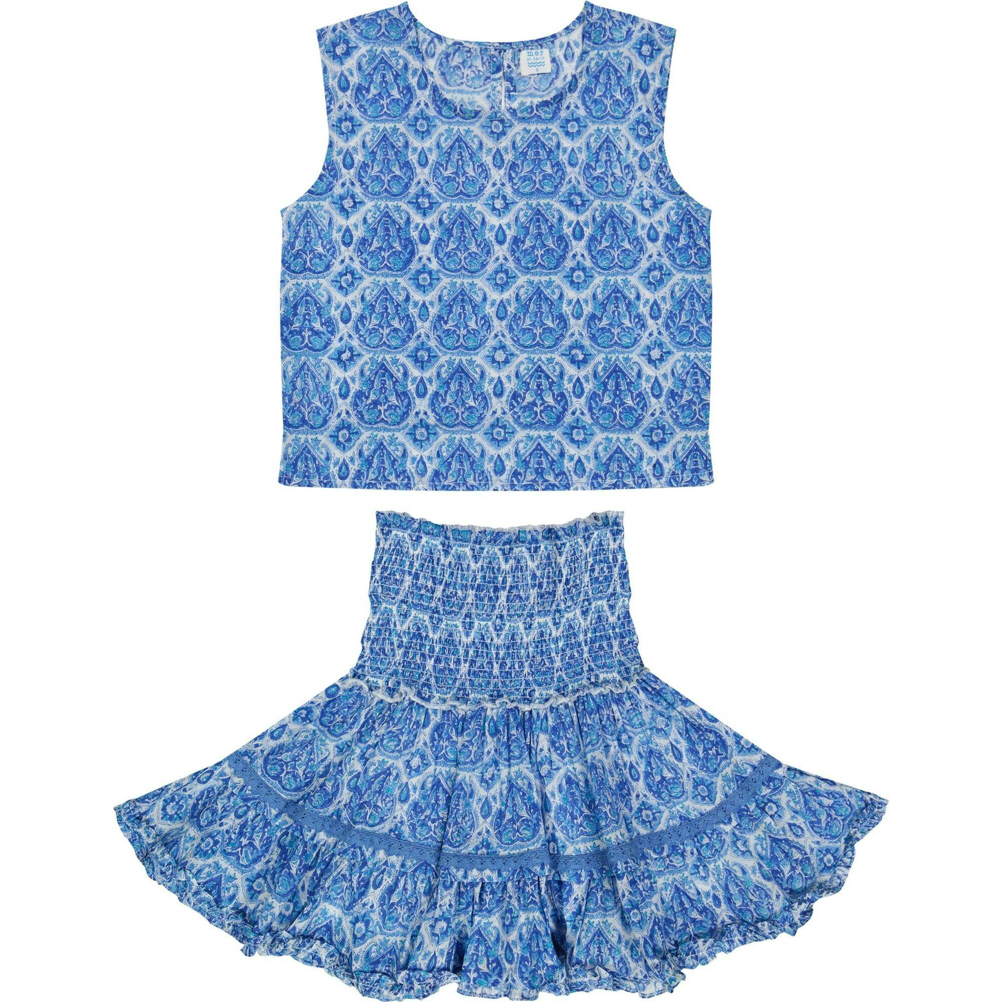 Maribel Cropped Women's Tank and Skirt Set Blue Paisley, Blue