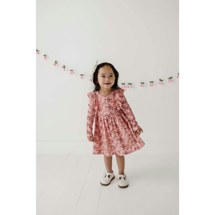 Long Sleeve Ruffle Dress Cherry Hearts