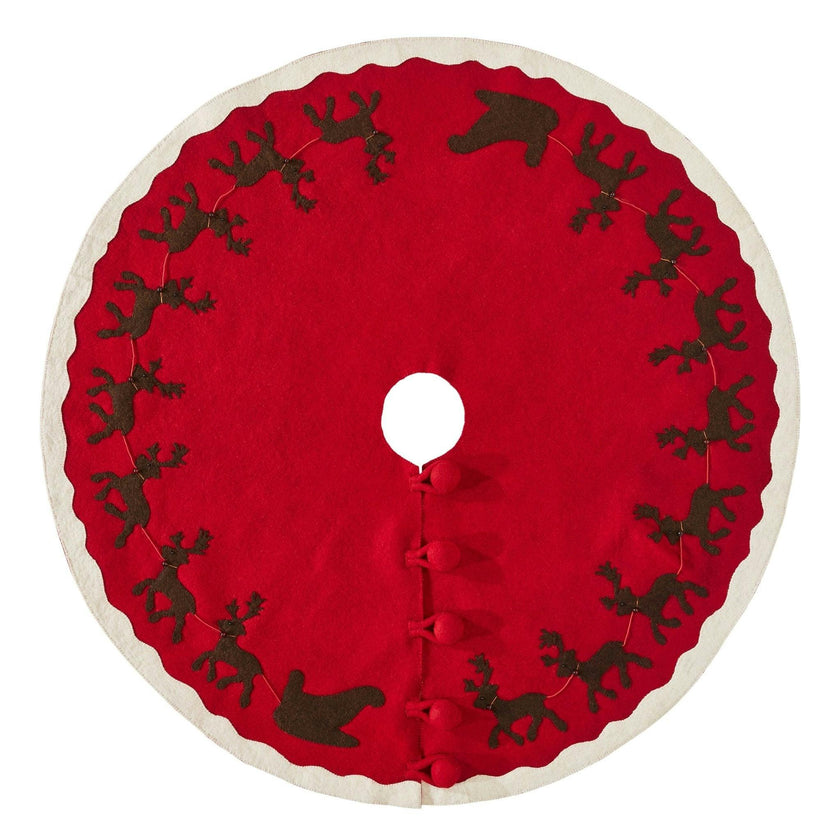 Handmade Felt Sleigh and Reindeer Red Christmas Tree Skirt 60"