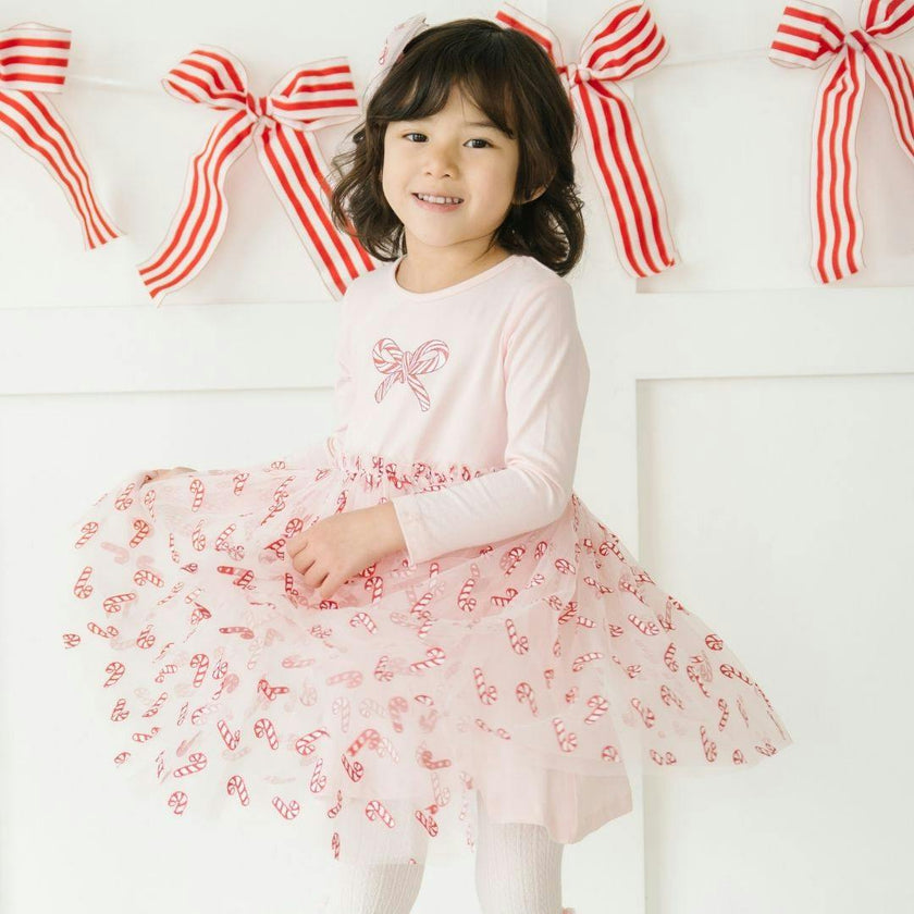Candy Cane Confetti Christmas Long Sleeve Tutu Dress
