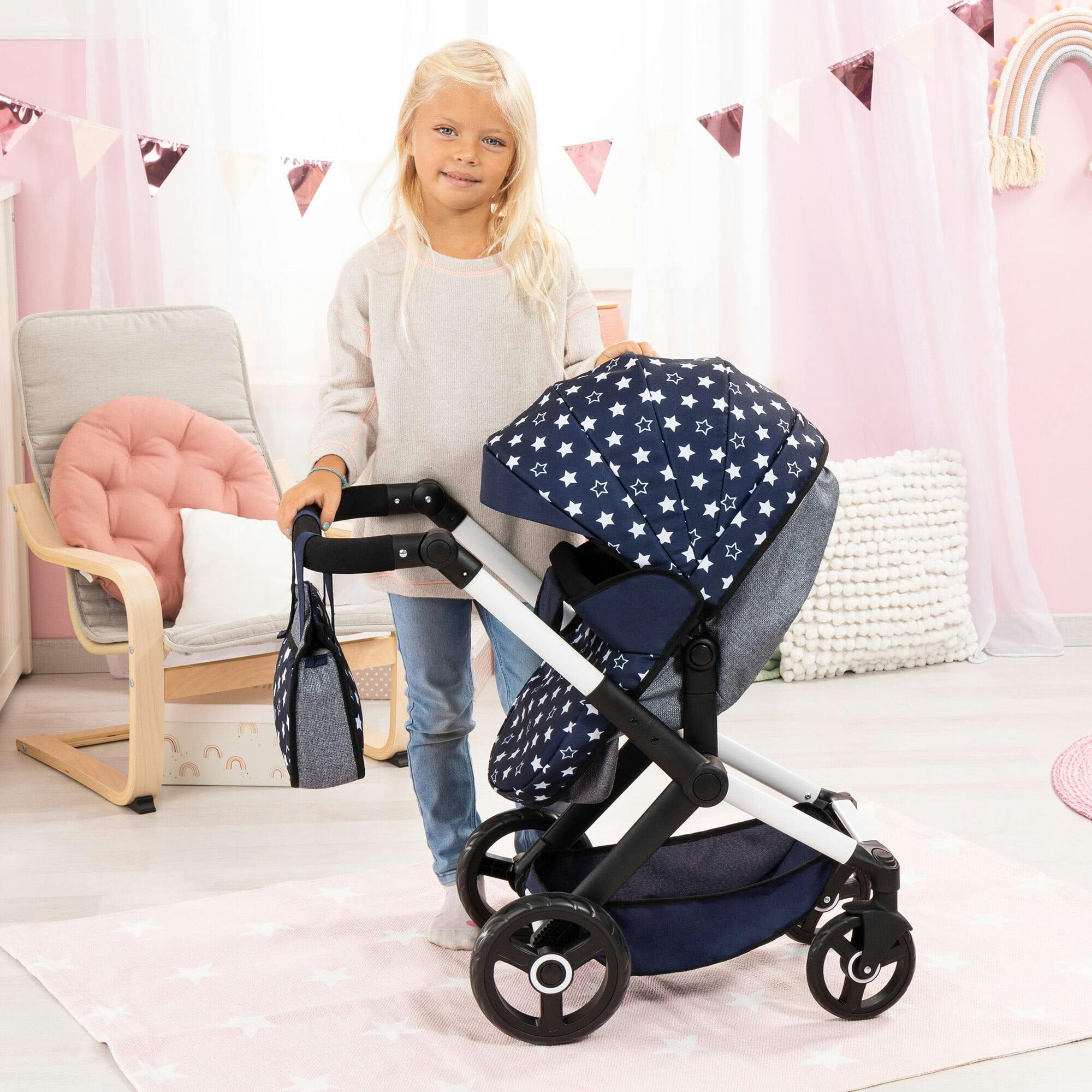 Bayer Design Dolls: Pram Xeo - Blue & White Stars